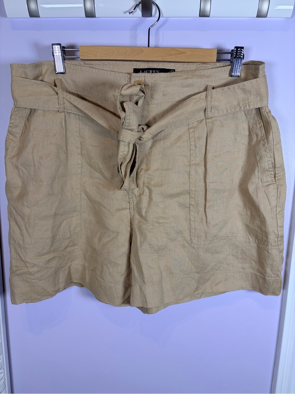 Ralph Lauren Tan Linen-Blend Flat Front Tie-Waist Womens Shorts 14